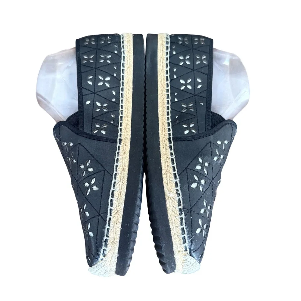 Michael Kors Black Leather Laser Cut Floral‎ Espadrille Platform Slip On Shoes
